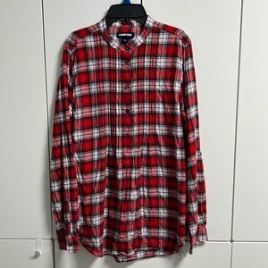 Lands’ End Collarless Plaid Button-down in Red and Black Plaid Size 12